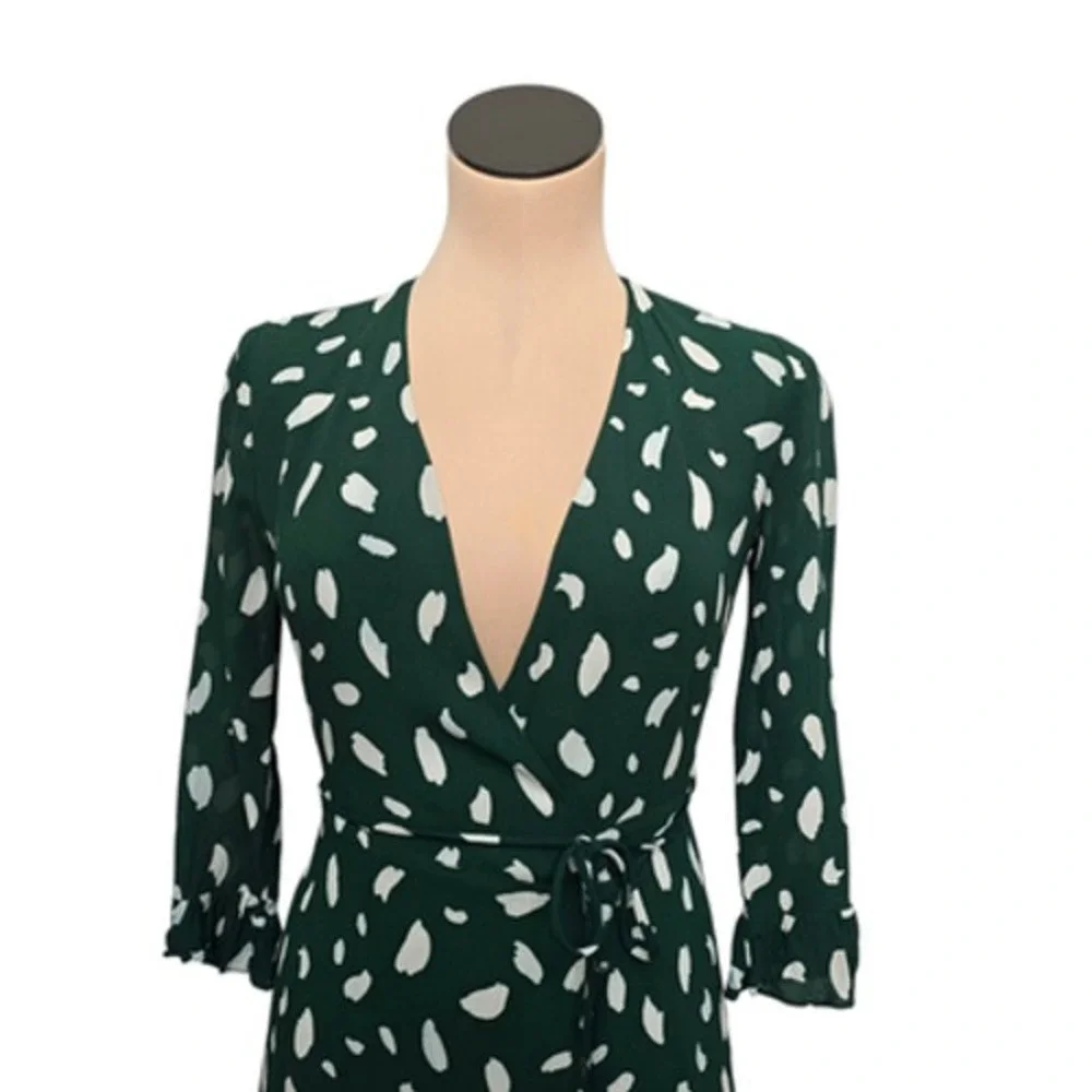 Reformation Dress Womens Small Green Wrap Midi 3/4 Sleeve‎ Tie Waist Dot Print - Picture 8 of 11